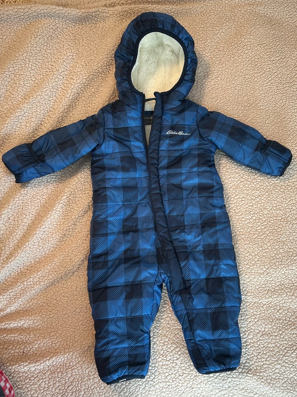 Eddie Bauer baby snowsuit blue and black plaid fullzip with sherpalined hood 3/6